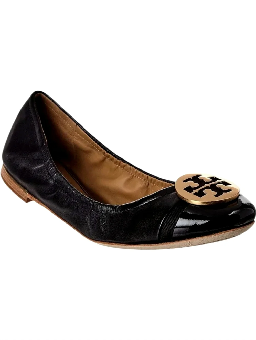 Tory Burch Minnie Travel Ballet Flats Black Leather Patent Cap Toe Size 8
